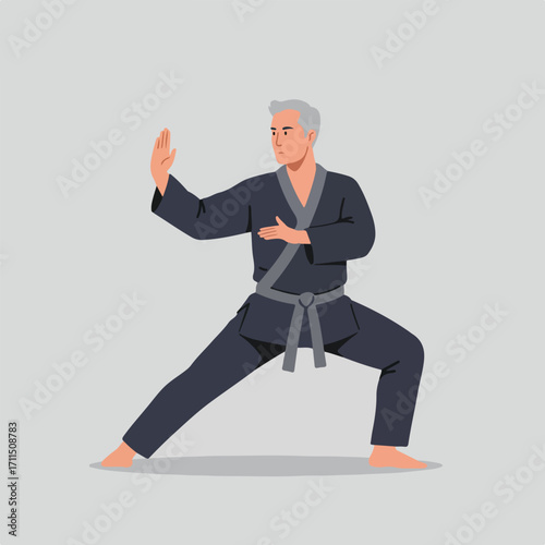 Man in a black karate uniform with gray belt, practicing martial arts in a focused stance