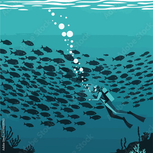 Graphic depiction of a diver amid a school of fish in the deep blue ocean