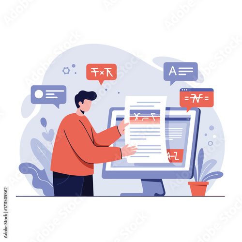 A person holding a document in front of a computer with translation bubbles visible