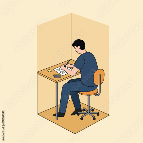 Person at desk writing on paper in isometric view, with phone and sticky note visible