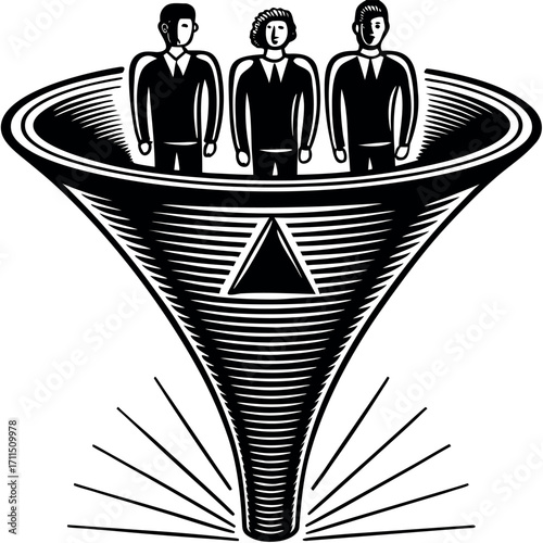Stylized figures descending into funnel with radiating lines business illustration