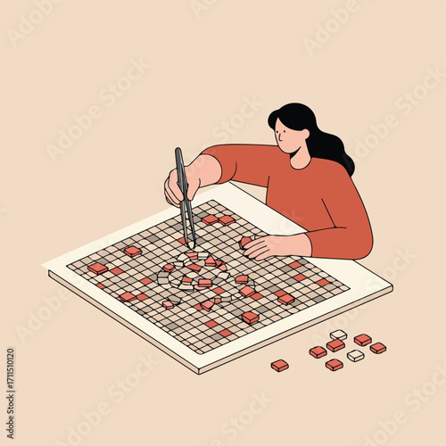 Person plays a tile board game, holding tweezers on a grid, with tiles on the side