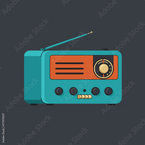 Teal retro radio with antenna, dials, and speaker, flat design against dark gray backdrop