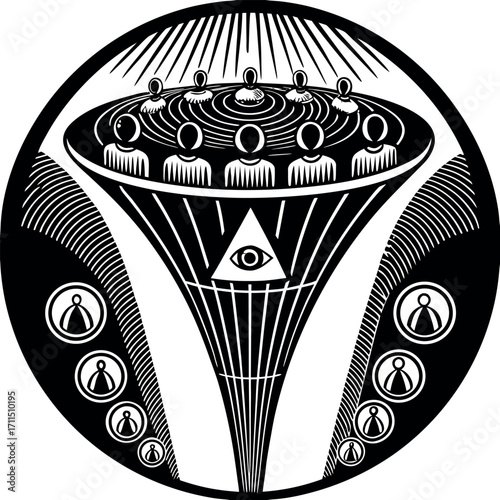 Stylized figures funneling towards an all seeing eye symbol abstract black and white