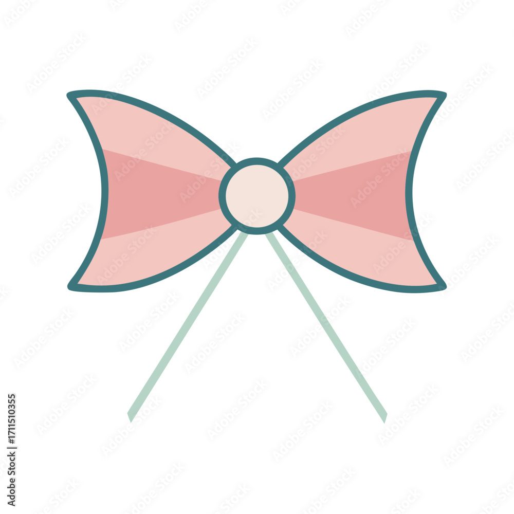 Fototapeta premium Simple pink bow with teal outline and light green ribbons