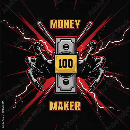 Intense illustration featuring dark hands grasping a hundred dollar bill, with lightning.