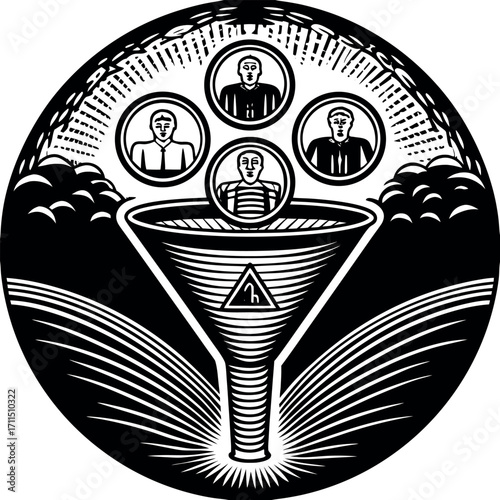 Stylized funnel with portraits and abstract symbols black and white graphic