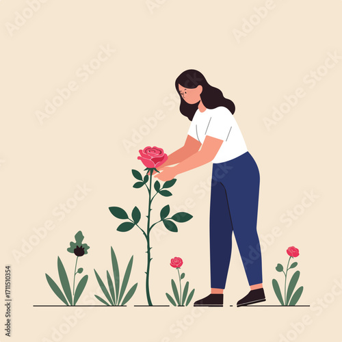 Woman tending to roses in a garden, wearing a white shirt and dark blue pants
