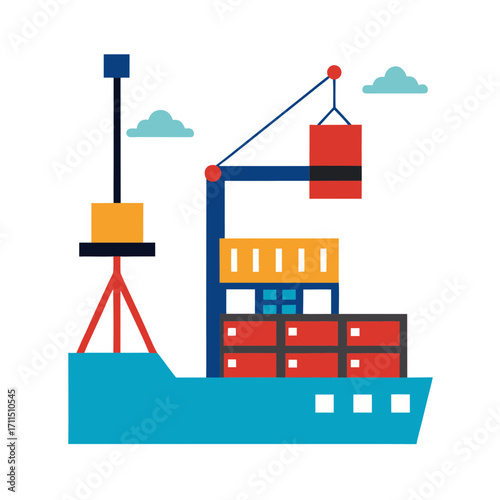 Cargo ship loading containers with a crane at sea