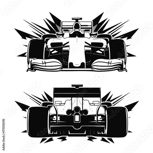 Front and back view of a formula one race car in black and white.
