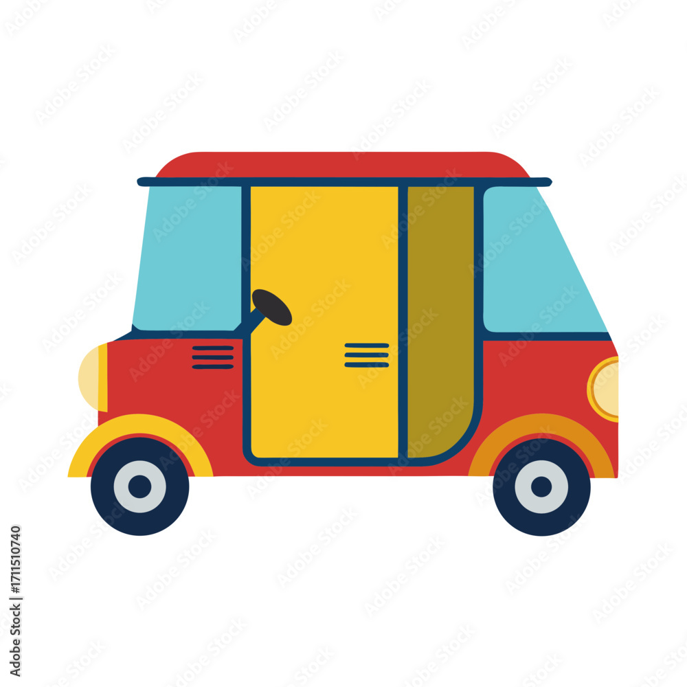 Fototapeta premium Colorful cartoon auto rickshaw with open door and transparent background