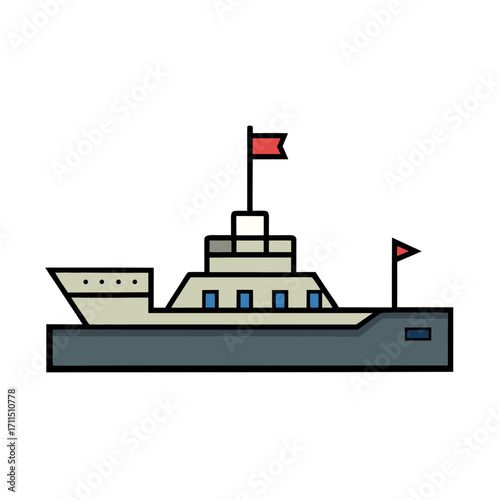 Stylized illustration of a modern ship with red flags