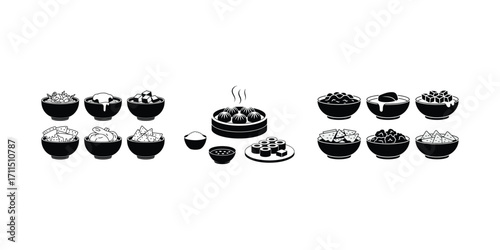 Black and white food icons including dim sum and sushi