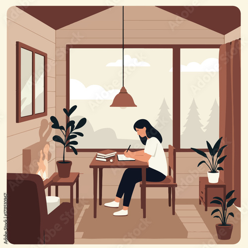 Illustration Woman studies in cozy cabin, lit by natural light, surrounded by plants