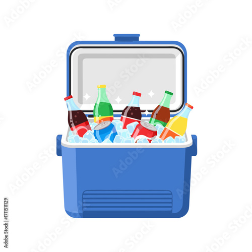 A blue cooler filled with ice and assorted glass bottles of colorful beverages, some with visible condensation.