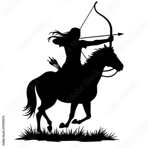 Minimalist silhouette of a person doing horse archery, black vector