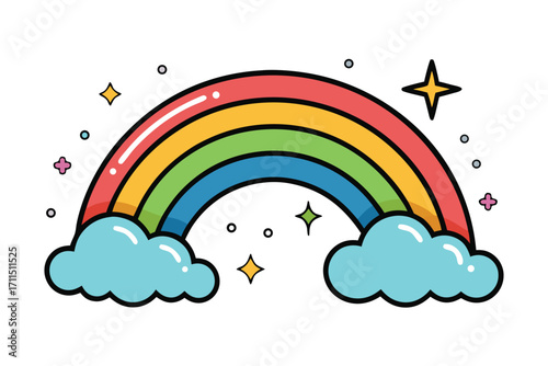 Colorful rainbow arching over fluffy clouds with sparkling stars and cheerful accents in a joyful display