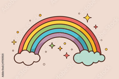 Bright and colorful rainbow with clouds and stars shining in a light pastel background