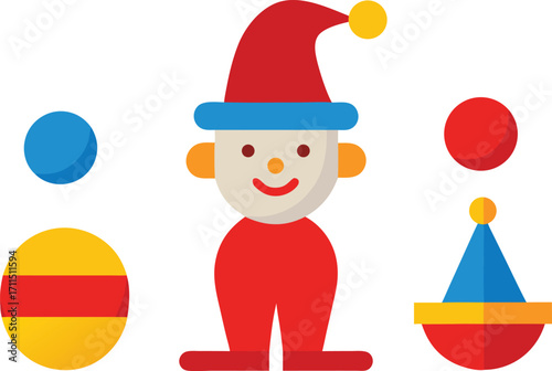 Funny clown accessories vector illustration red nose hat balloon shoes and party items eps