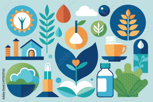 This vibrant artwork showcases elements of nature, including plants, water, and home gardening tools