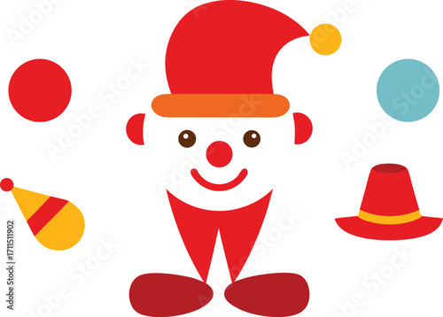 Vector illustration of clown accessories fun costume elements red hat balloon shoes