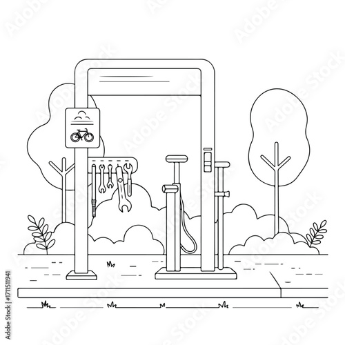 Outline drawing of a bike repair station with tools and pump, situated in a park setting