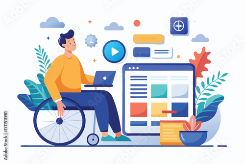 Creative workspace design featuring a young man in a wheelchair using a laptop for online activities