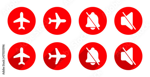 Airplane mode, silent bell and mute speaker icon with long shadow