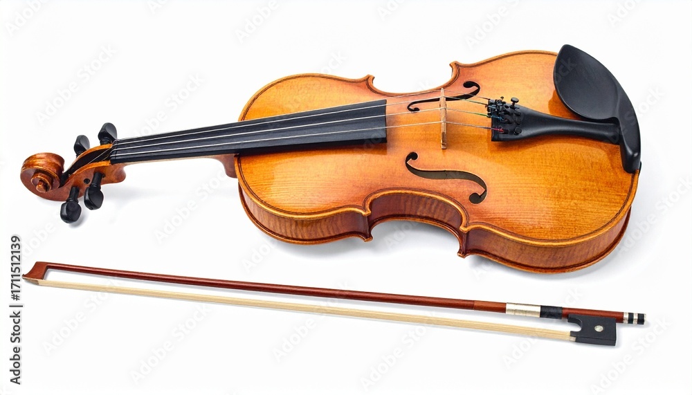 Fototapeta premium Render a classical violin with polished brown wooden body, black fingerboard, chin rest, and four strings, placed beside a wooden bow with white horsehair, isolated on white background, emphasizing mu
