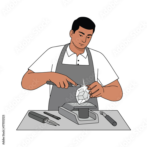 Man in apron carefully cuts facets on gem, working at gray bench with tools for the job