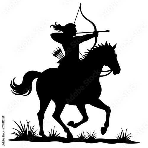 Minimalist silhouette of a person doing horse archery, black vector