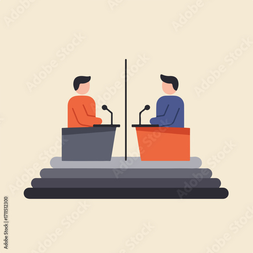 Two figures debate behind podiums, divided by a vertical line against light tan backdrop