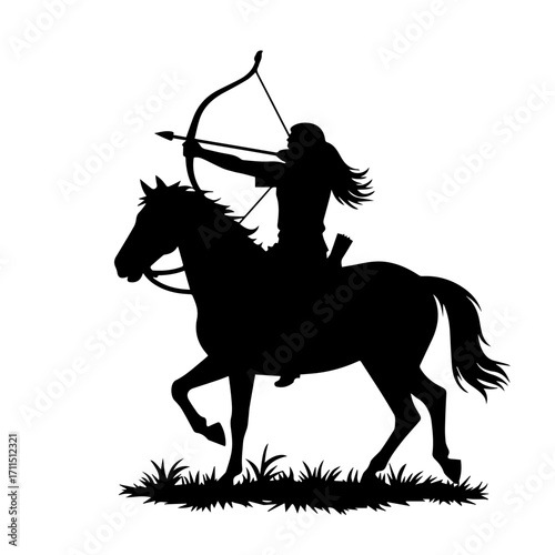 Minimalist silhouette of a person doing horse archery, black vector