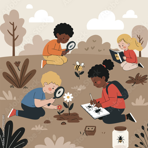 Four children discover nature through observation, reading, and drawing outdoors