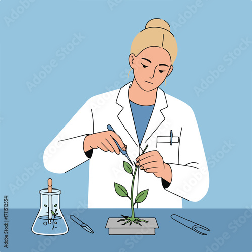 Stylized woman in lab coat examining a growing plant with tools on a light blue background
