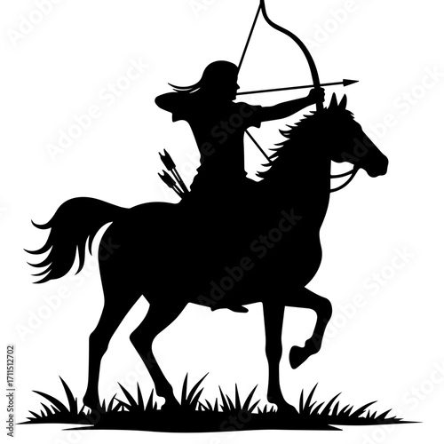 Minimalist silhouette of a person doing horse archery, black vector