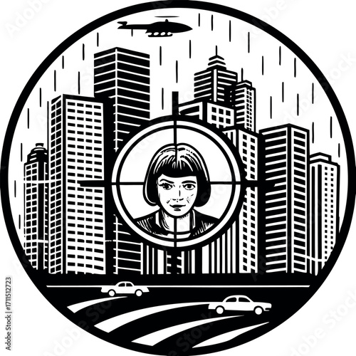 Woman in crosshairs overlooking cityscape with helicopter and cars target buildings