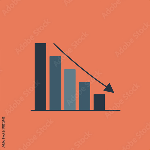 Declining graph featuring descending arrow in tones of teal, blue, and muted orange backdrop