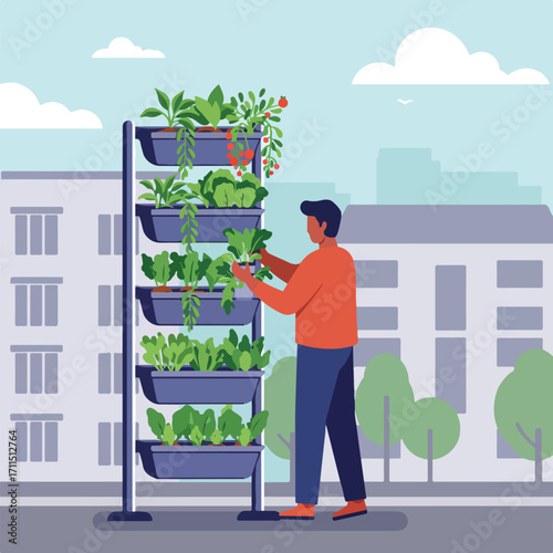 Man tending a vertical garden, with buildings and trees in a simplified, flat style