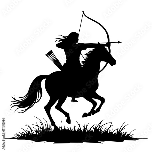 Minimalist silhouette of a person doing horse archery, black vector