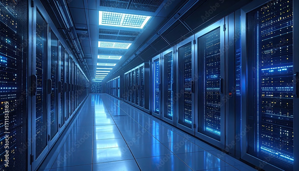 Fototapeta premium Futuristic Data Center with Rows of Servers Blue Lighting and Reflections Ultra Wide Shot in 8K