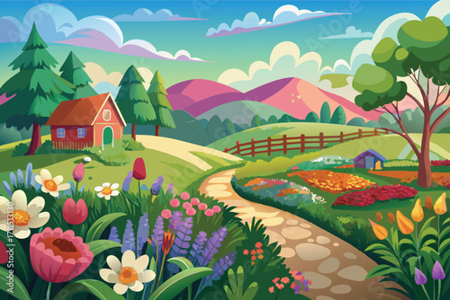 Bright spring landscape with flowers, mountains, and a cozy cottage