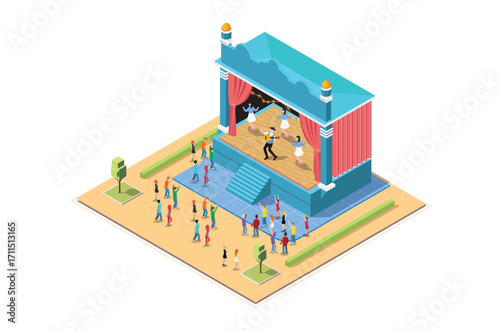 Isometric Illustration of Music Event stage with dancing and happy people enjoying music, Isometric 3d Concept of Concert Party and Stage Landscape.