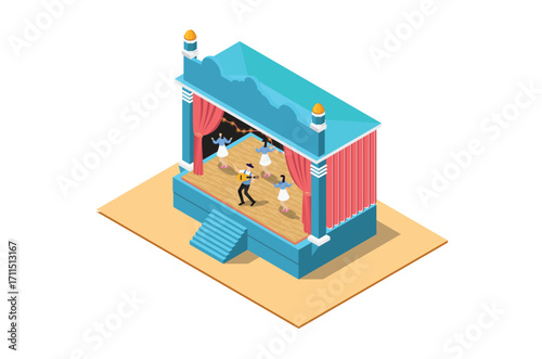 Isometric Illustration of a Music Event stage, 3d Concept Isometric View of Concert Party Background and Stage Landscape.