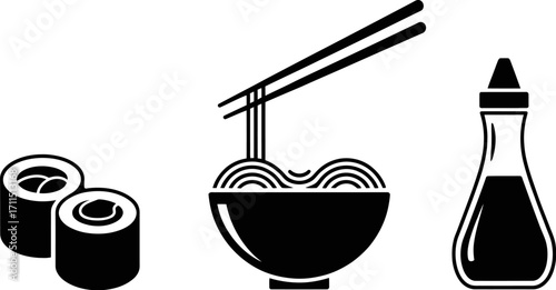Delicious Asian food icons: sushi, noodles and soy sauce, perfect for culinary themes.
