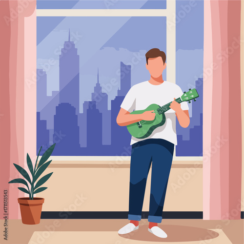 Man plays a green ukulele in front of city view window with plant and pink curtains