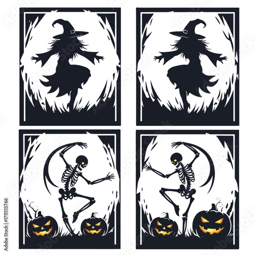 Halloween themed graphic design featuring dancing witches and skeletons, surrounded by pumpkins and a stylized background.