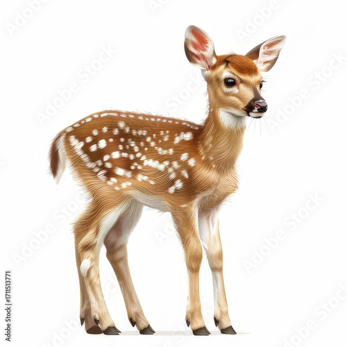 A realistic illustration of a young deer with spots, standing against a white background.