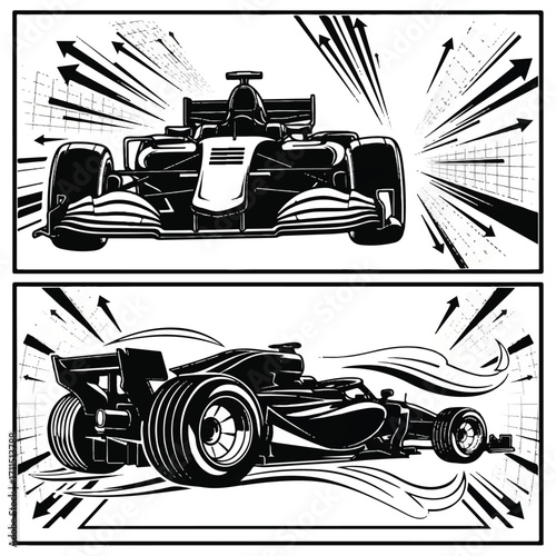 Two stylized black and white illustrations of Formula 1 race cars in motion.