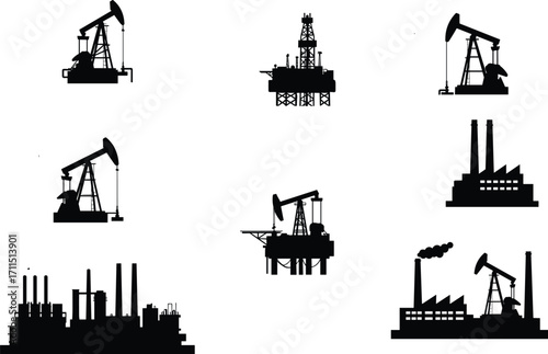 Oil industry silhouette icons, pump jack, offshore drilling platform, refinery factory, petroleum extraction, industrial facility vector, fossil fuel energy production illustration